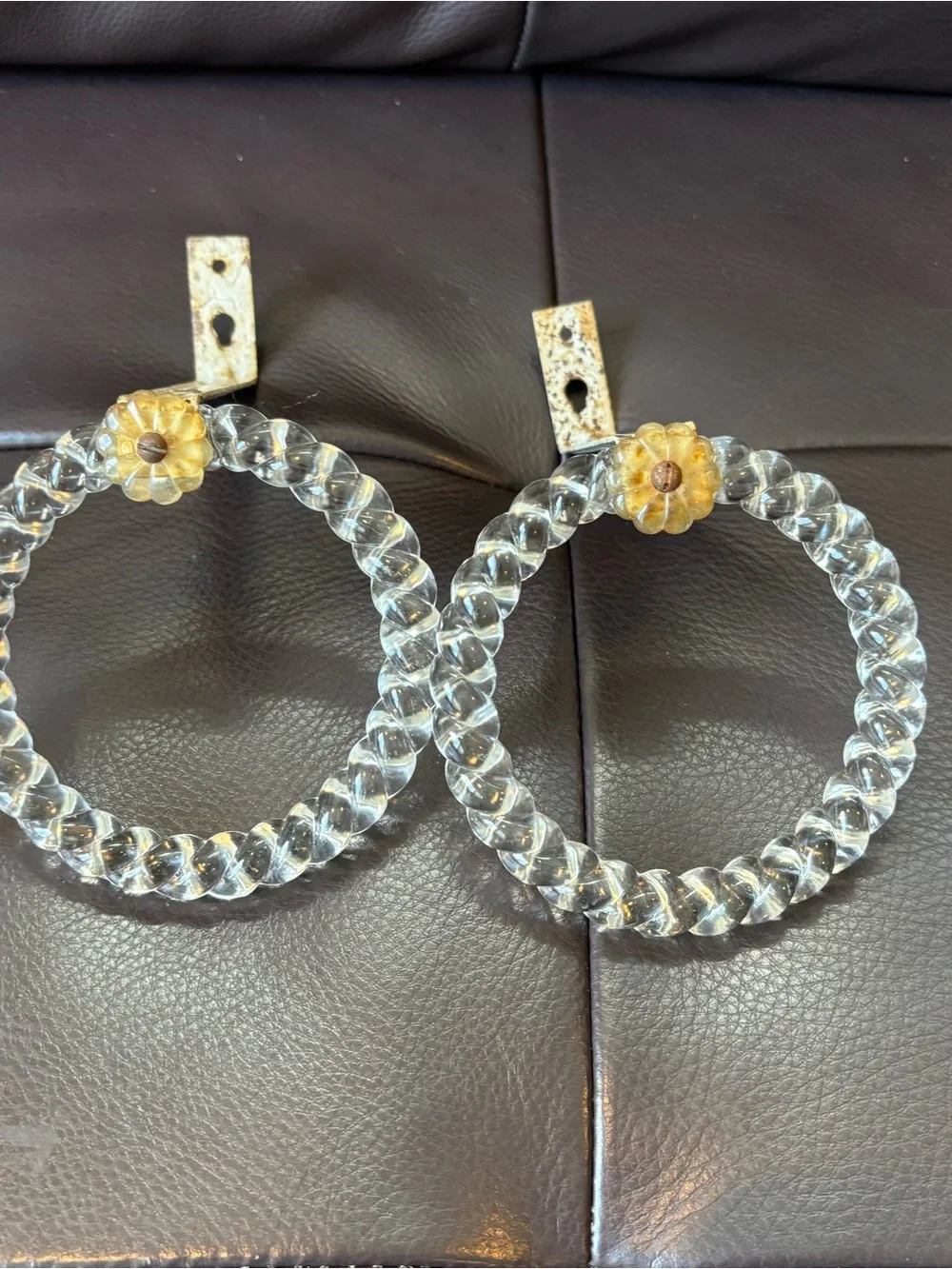Set of 4 Vintage Clear Glass Ring Curtain Tiebacks with Floral Accent